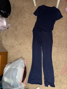 SHEIN Navy Short Sleeve Lounge Top & Wide Leg Pants Set